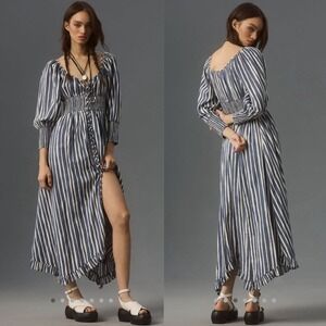 NWT By Anthropologie Long Sleeve‎ Striped Sweetheart Midi Dress Blue Medium